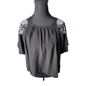 Blue Rain Flowy Boho Cottagecore Embroidered Short Sleeve Women's Peasant Top XS